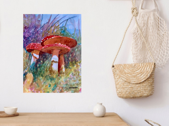 artwork showing a crop of red mushrooms in the forest floor
