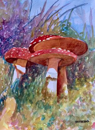 artwork showing a crop of red mushrooms in the forest floor
