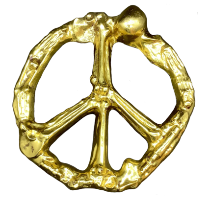 Hangs on wall from one point, gold metal leaf surface, peace sign.