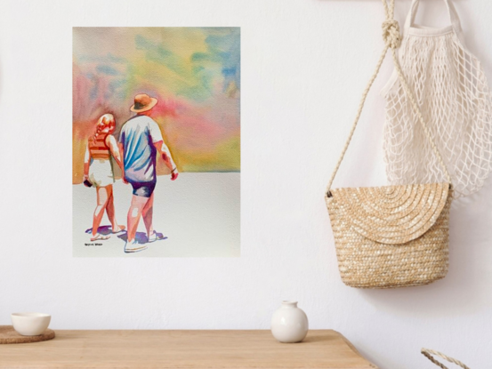 artwork showing a couple walking along the street in a Sydney suburb
