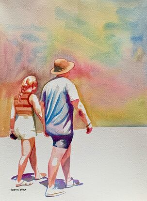 artwork showing a couple walking along the street in a Sydney suburb
