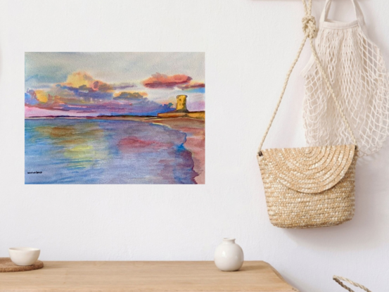 artwork showing a sunset over a beach
