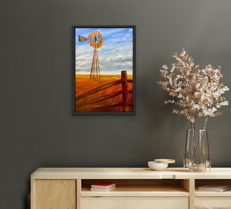 Rusty Windmill in  Australian outback and grass bird