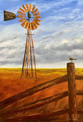 Rusty Windmill in  Australian outback and grass bird