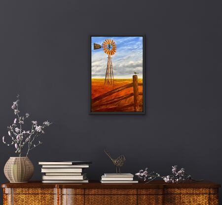 Rusty Windmill in  Australian outback and grass bird