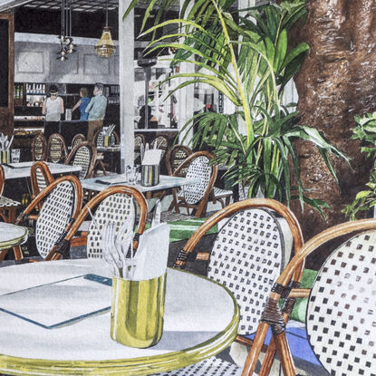 This busy,  cafe corner in Hastings Street with typical French cafe chairs lined on  the footpath and shadowed by large green poincianas has attracted tourists and locals for their morning coffee for many years.  A few locals are seated before the rush enjoying their first coffee of the day.  Internal lighting with chandeliers  define the internal dark walls and drink cabinets behind  and provide a sophisticated tonal  ambience. 