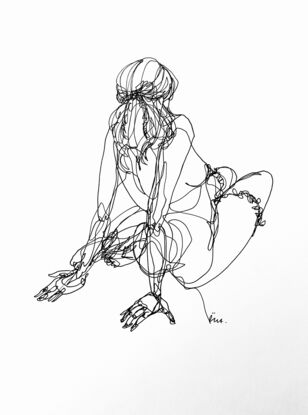 An ink drawing of a relaxing woman in a continuous single line drawing 