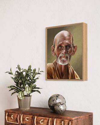 Tibetan monk in orange on a green background