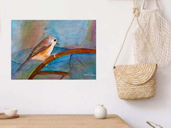  artwork showing a bird standing on a branch
