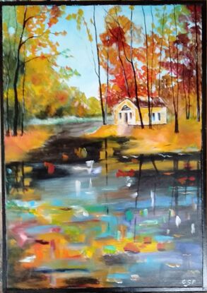 A beautiful brightly coloured painting showing a cabin in the woods by a flowing stream.