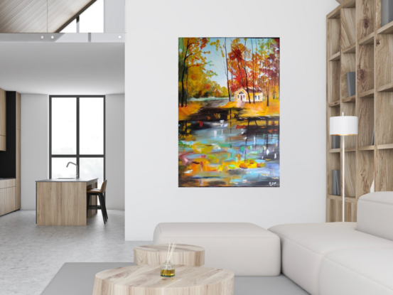 A beautiful brightly coloured painting showing a cabin in the woods by a flowing stream.