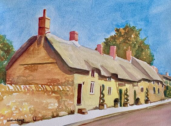  artwork showing a row of thatched cottages
