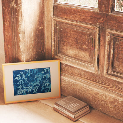 Image of branches of privet leaves in varying shades of blue. It is technically a photo but has the texture of a painting.