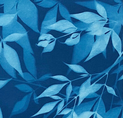 Image of branches of privet leaves in varying shades of blue. It is technically a photo but has the texture of a painting.