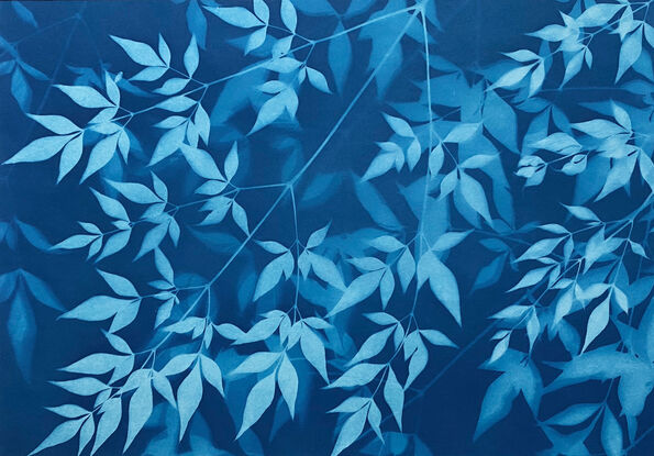 Image of branches of privet leaves in varying shades of blue. It is technically a photo but has the texture of a painting.