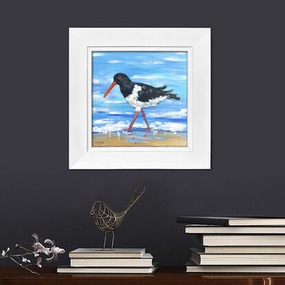 Oystercatcher bird original painting by Irina Redine.  Australian Pied Oystercatcher small artwork framed and ready to hang, gift idea