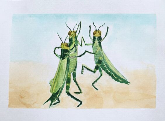 Three grasshoppers, hands outstretched to each other and the sky, dance to music.