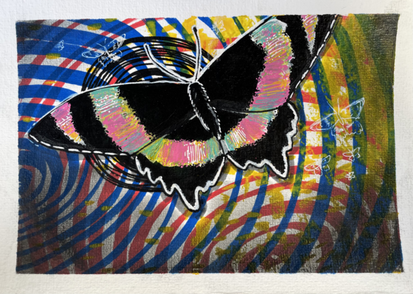 A butterfly flying above a background of swirling colours that darkens at the edges, small nearly invisible butterflies fly beneath and around it.