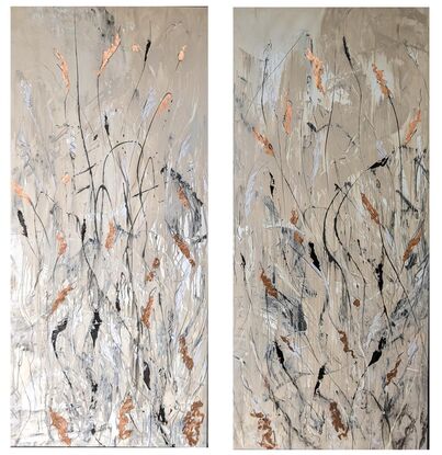 An abstract of wild grass and leaves in dark brown, beige and white with copper leaf.  