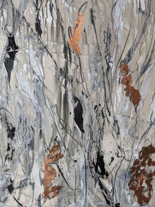 An abstract of wild grass and leaves in dark brown, beige and white with copper leaf.  