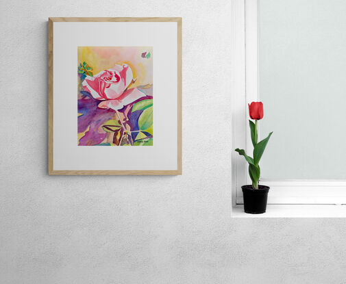 artwork showing a delicate peach rose up against a sun drenched wall

