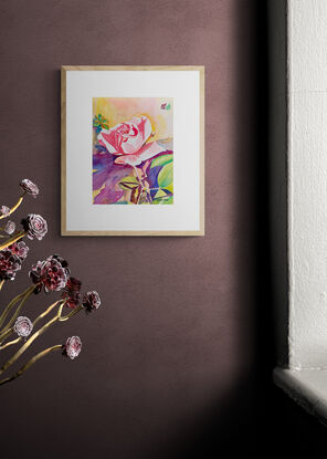 artwork showing a delicate peach rose up against a sun drenched wall

