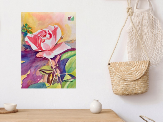 artwork showing a delicate peach rose up against a sun drenched wall

