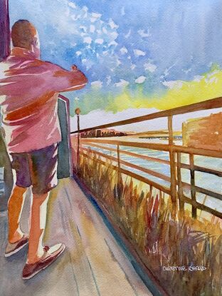  artwork showing a man looking out at a beautiful, colourful sunrise

