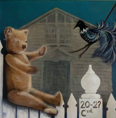 A seated Teddy sits on the front fence of a home during COVID. The Teddy is depicted chatting with a whimsical bird. The front fence shows the house No. as 20-? Cvd. 