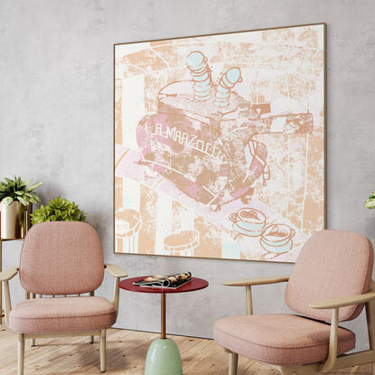 Extra Large pop/urban street art print, line art image, it has a sepia feel with subtle blues and pale pinks.