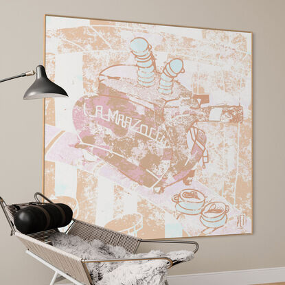 Extra Large pop/urban street art print, line art image, it has a sepia feel with subtle blues and pale pinks.