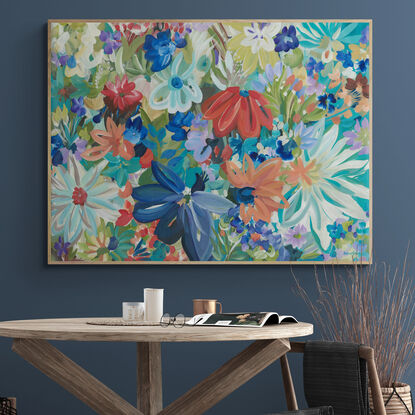 blue, teal, red and orange tropical abstract flower painting in a modern botanical style