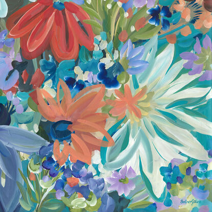 blue, teal, red and orange tropical abstract flower painting in a modern botanical style