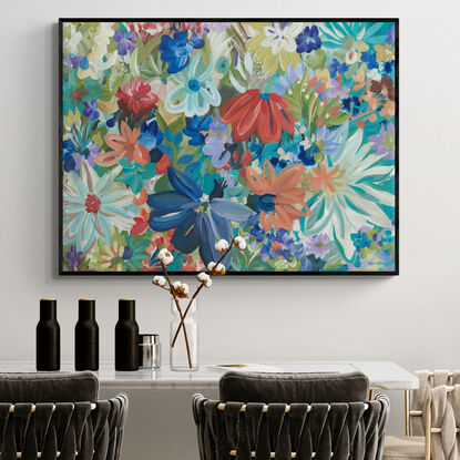 blue, teal, red and orange tropical abstract flower painting in a modern botanical style