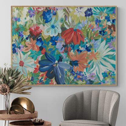 blue, teal, red and orange tropical abstract flower painting in a modern botanical style