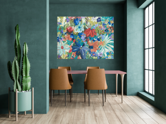 blue, teal, red and orange tropical abstract flower painting in a modern botanical style