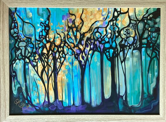 organic stylized dark foreground trees  Bright Blue sy with the orange afternoon light shining through.