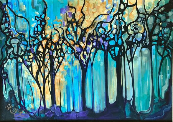 organic stylized dark foreground trees  Bright Blue sy with the orange afternoon light shining through.