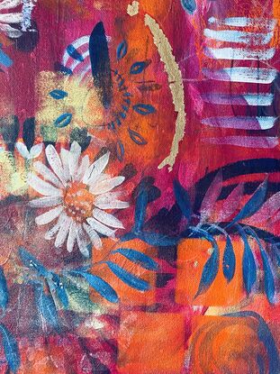 background of magenta and orange hues.  foreground filled with green leaves, energy spirals, dragonfly, daisies, a variety of marks through lots of layers and added gold leaf to showcase success.