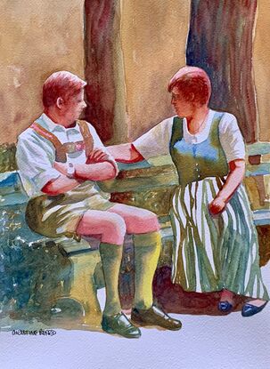 artwork showing a couple dressed in swiss national dress sitting on a bench engrossed in conversation
