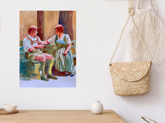 artwork showing a couple dressed in swiss national dress sitting on a bench engrossed in conversation
