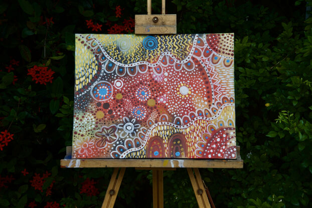 The final artwork is exhibited on canvas and includes a signed certificate that confirms its uniqueness.
Nanango north to Mount Perry behind the Coast Range; west to Boyne River, upper Burnett River, and Mundubbera; at Kingaroy, Murgon, and Gayndah. The small Kaiabara tribelet of the upper Boyne River may be a horde but could be a detached portion of the Kabikabi.
