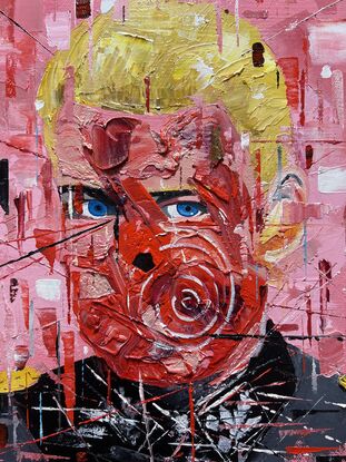 Bright, colourful and textured expressionist portrait of a man against a pink background. Patches of colours.