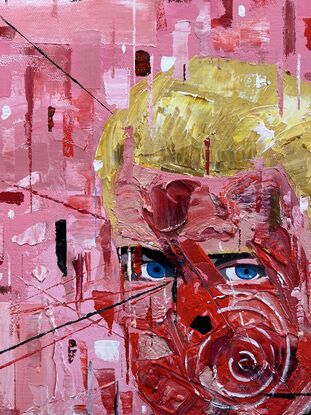 Bright, colourful and textured expressionist portrait of a man against a pink background. Patches of colours.