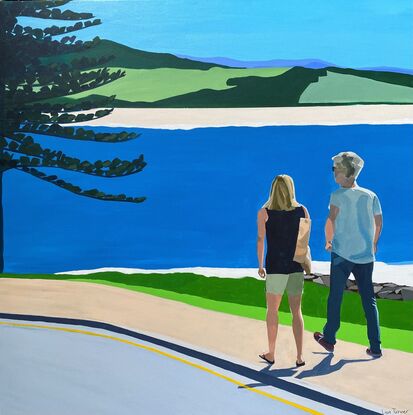 Man and woman walking along the footpath in the foreground with grass followed by ocean in the background. There's a large tree on the left side of the painting and beach and green hills in the distance under a bright blue sky.