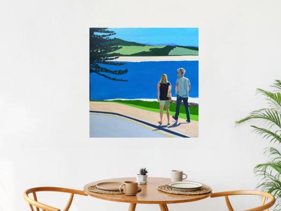 Man and woman walking along the footpath in the foreground with grass followed by ocean in the background. There's a large tree on the left side of the painting and beach and green hills in the distance under a bright blue sky.