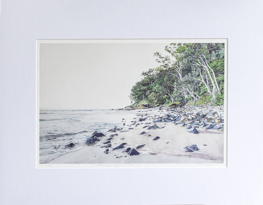 This landscape, watercolour painting is of  Little Cove Beach, Noosa National Park early morning when the tide is running out.  

I've painted  a  corner of the heavily wooded National Park rainforest which leads down to the medium sized, bluish grey to white rocks that  protect the beach.  Tiny, ocean waves break over these beach rocks, covering some of the edge sand with the outgoing tide.  