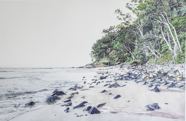 This landscape, watercolour painting is of  Little Cove Beach, Noosa National Park early morning when the tide is running out.  

I've painted  a  corner of the heavily wooded National Park rainforest which leads down to the medium sized, bluish grey to white rocks that  protect the beach.  Tiny, ocean waves break over these beach rocks, covering some of the edge sand with the outgoing tide.  