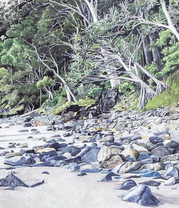 This landscape, watercolour painting is of  Little Cove Beach, Noosa National Park early morning when the tide is running out.  

I've painted  a  corner of the heavily wooded National Park rainforest which leads down to the medium sized, bluish grey to white rocks that  protect the beach.  Tiny, ocean waves break over these beach rocks, covering some of the edge sand with the outgoing tide.  