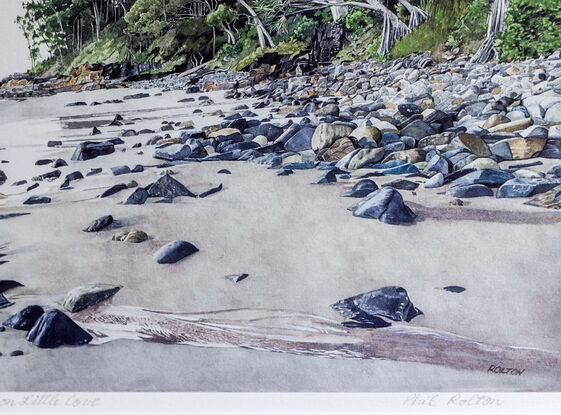 This landscape, watercolour painting is of  Little Cove Beach, Noosa National Park early morning when the tide is running out.  

I've painted  a  corner of the heavily wooded National Park rainforest which leads down to the medium sized, bluish grey to white rocks that  protect the beach.  Tiny, ocean waves break over these beach rocks, covering some of the edge sand with the outgoing tide.  